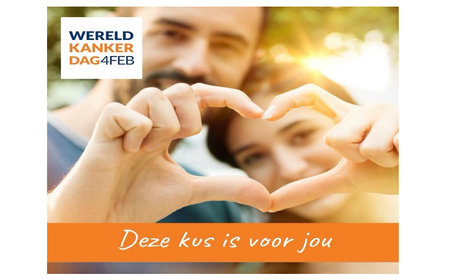 Man en vrouw vormen een hart met hun handen. Tekst: "Wereldkankerdag 4 FEB" en "Kus voor kanker - Deze kus is voor jou".