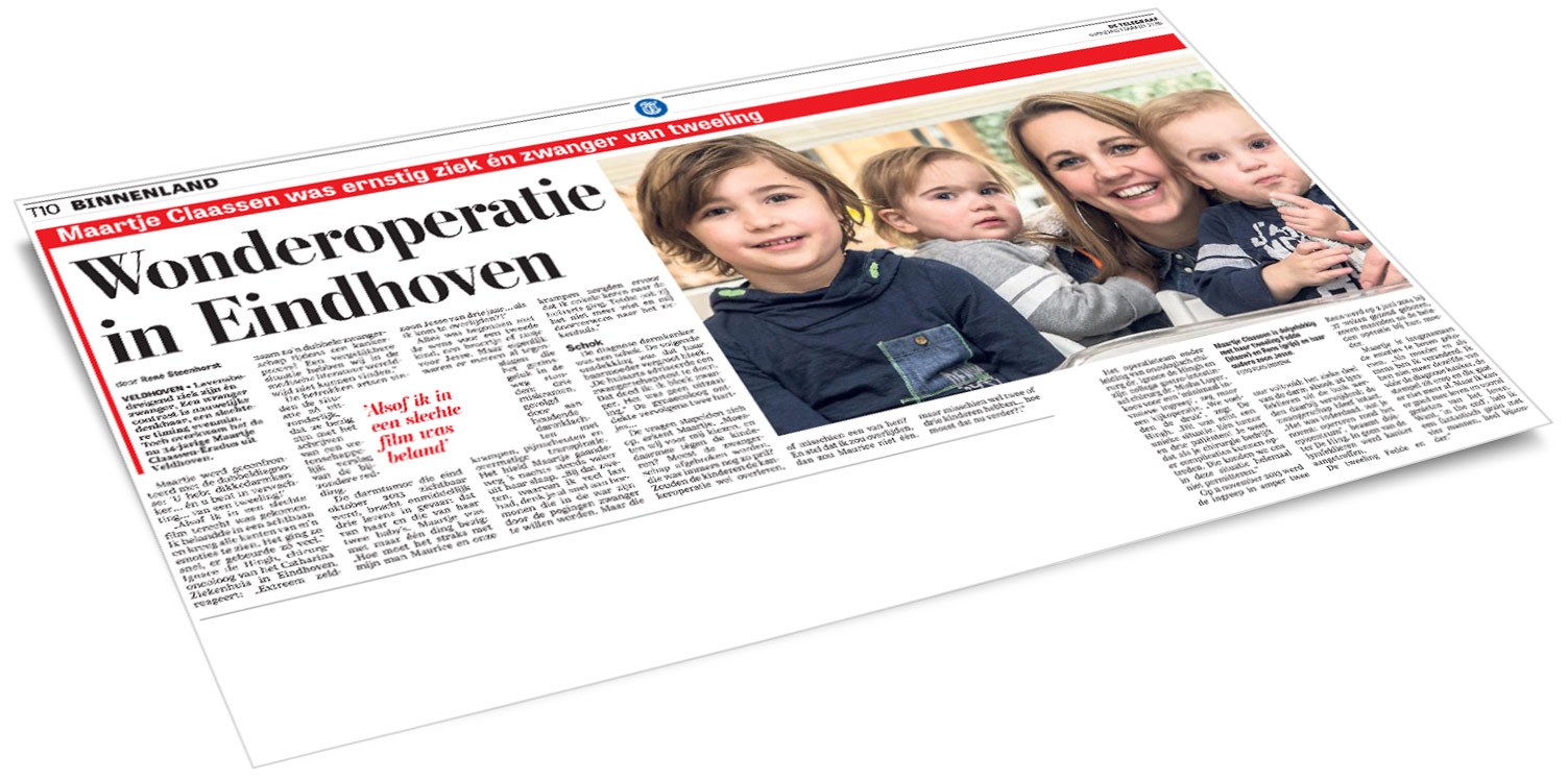 Eindhovense krantenpagina met kop 'Wonderoperatie', foto's van vier kinderen en vrouw, artikelen over Maartje Claassens medisch evenement.