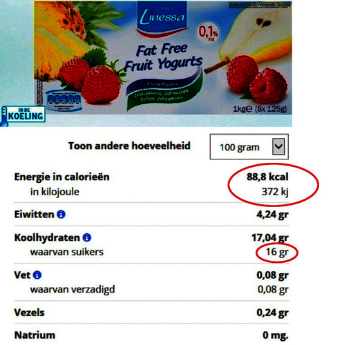 Voedingswaarde per 100g Lunessa Vetvrije Vruchtenyoghurt: 89 kcal, 3,9g eiwit, 17g khd (16g suikers), 0,08g vet, 0,09g zout.