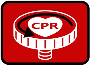 Rood-wit bord met hart en reanimatie in cirkelvormige meter, zwarte pijl tegen de klok in; symbool voor reanimatie.