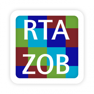 Vierkant logo met rood, groen en blauw raster, grote witte letters RTA boven en ZOB onder, binnen een afgeronde witte rand.