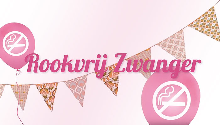 Roze ballonnen met niet-roken symbolen naast de tekst 'Rookvrij Zwanger', op een lichtroze achtergrond met vlaggetjes.