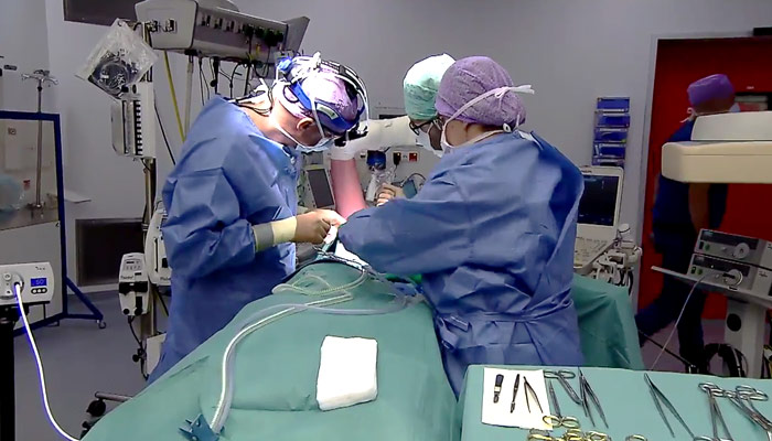 Chirurgen en medisch personeel in OK-kleding voeren een operatie uit in Catharina Hart- en Vaatcentrum; instrumenten op tafel.
