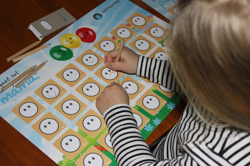 Een soort tekent gezichten op een chemokalender. Op tafel liggen gekleurde ballonnen en een kaart voor kinderen met kanker.