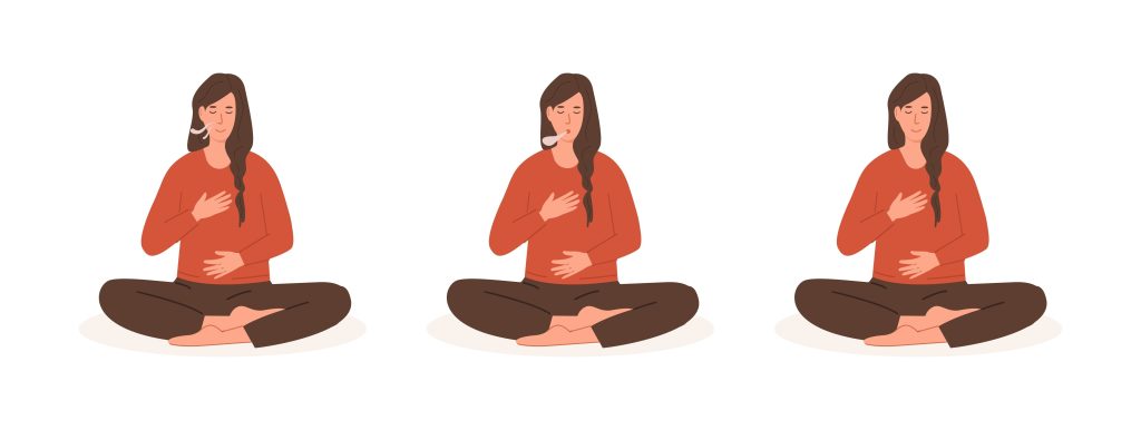 Illustratie van een vrouw die een zwangerschapsademhalingsoefening doet, zittend met gesloten ogen, rode top en bruine broek.