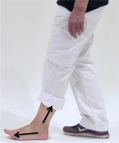 Persoon met witte broek zet rechtervoet met sneaker naar voren, linkervoet bloot en tenen omhoog; twee pijlen markeren voet en tenen.