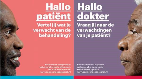 Twee posters naast elkaar: links man op roze, oproep aan patiënten; rechts vrouw op blauw, oproep aan artsen.