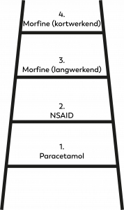 Diagram met vier treden: Paracetamol, NSAID, Morfine (langwerkend), Morfine (kortwerkend), van onder naar boven.