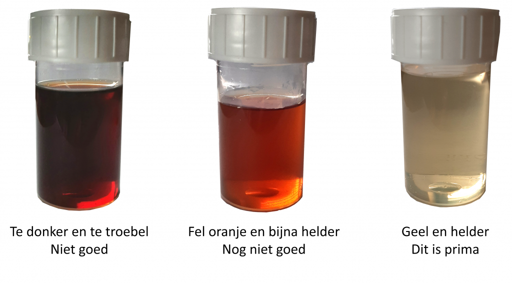Drie urinemonsters: donkerbruin en troebel (niet goed), oranje (ook niet goed), geel en helder (wel goed) na scopie.