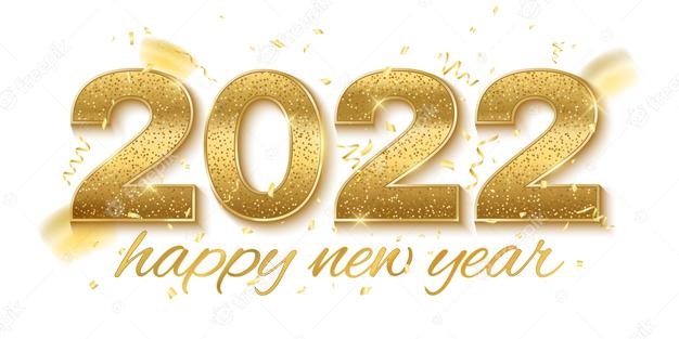 Gouden glinsterende cijfers 2022 met "Gelukkig Nieuwjaar" eronder, omringd door confetti en lichteffecten op een witte achtergrond.