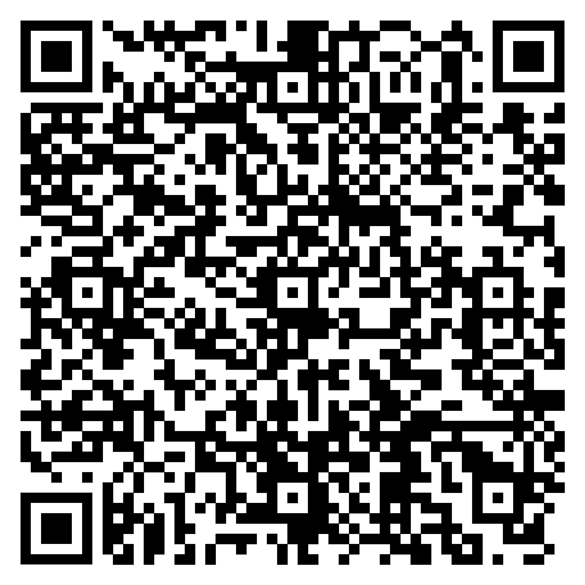 Zwart-witte QR-code met kleine vierkanten en drie grote in de hoeken, op witte achtergrond. Gebruikt bij coloscopie documenten.