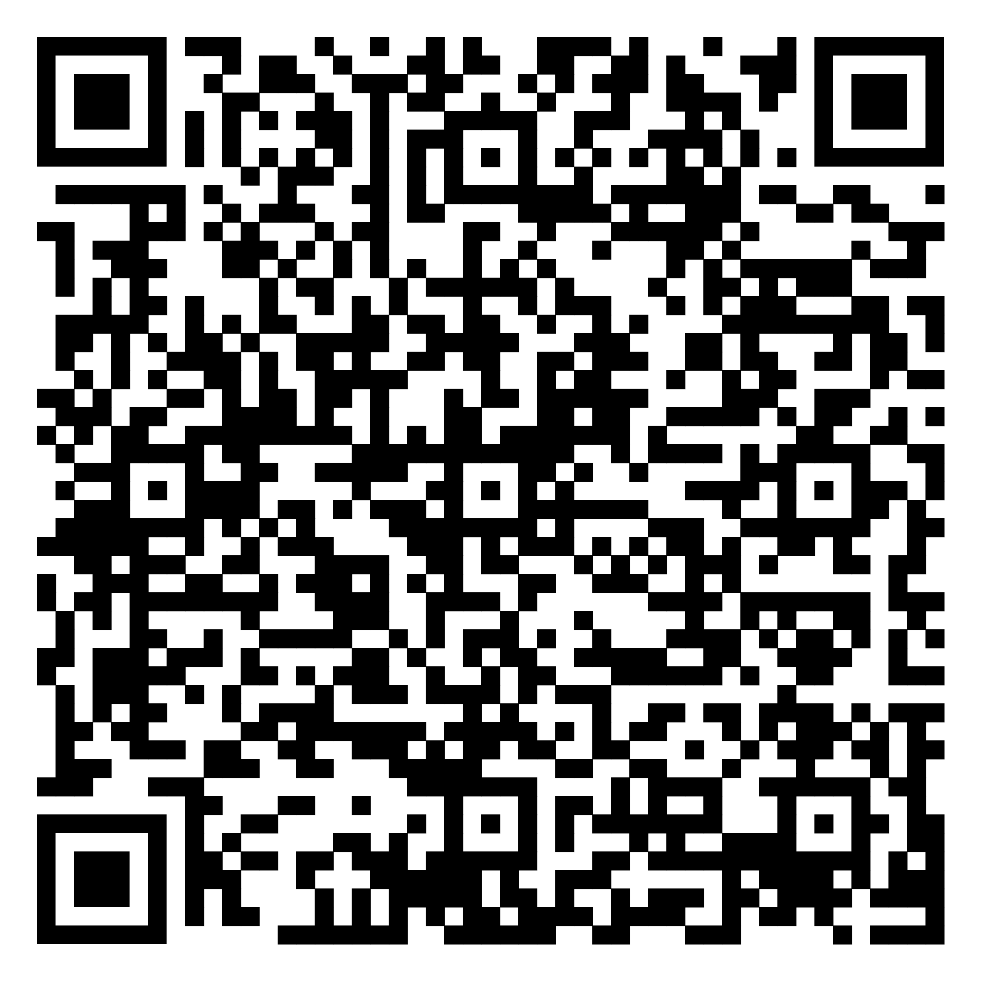 Een zwart-witte QR-code met vierkante patronen op een witte achtergrond, centraal en groot in beeld. Inhoud niet zichtbaar.