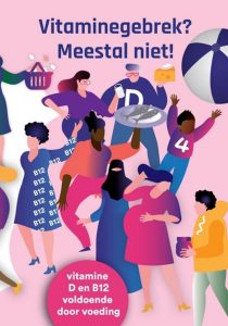 Illustratie van diverse mensen met labels "B12" en "D", die voedsel of een baby vasthouden; tekst benadrukt doelmatig gebruik voeding en vitaminediagnostiek voor vitamine D en B12.