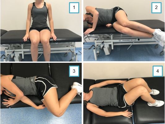 Persoon in sportkleding toont 4 oefeningen op zwarte tafel, van zitten naar zijligging. Stappen genummerd.
