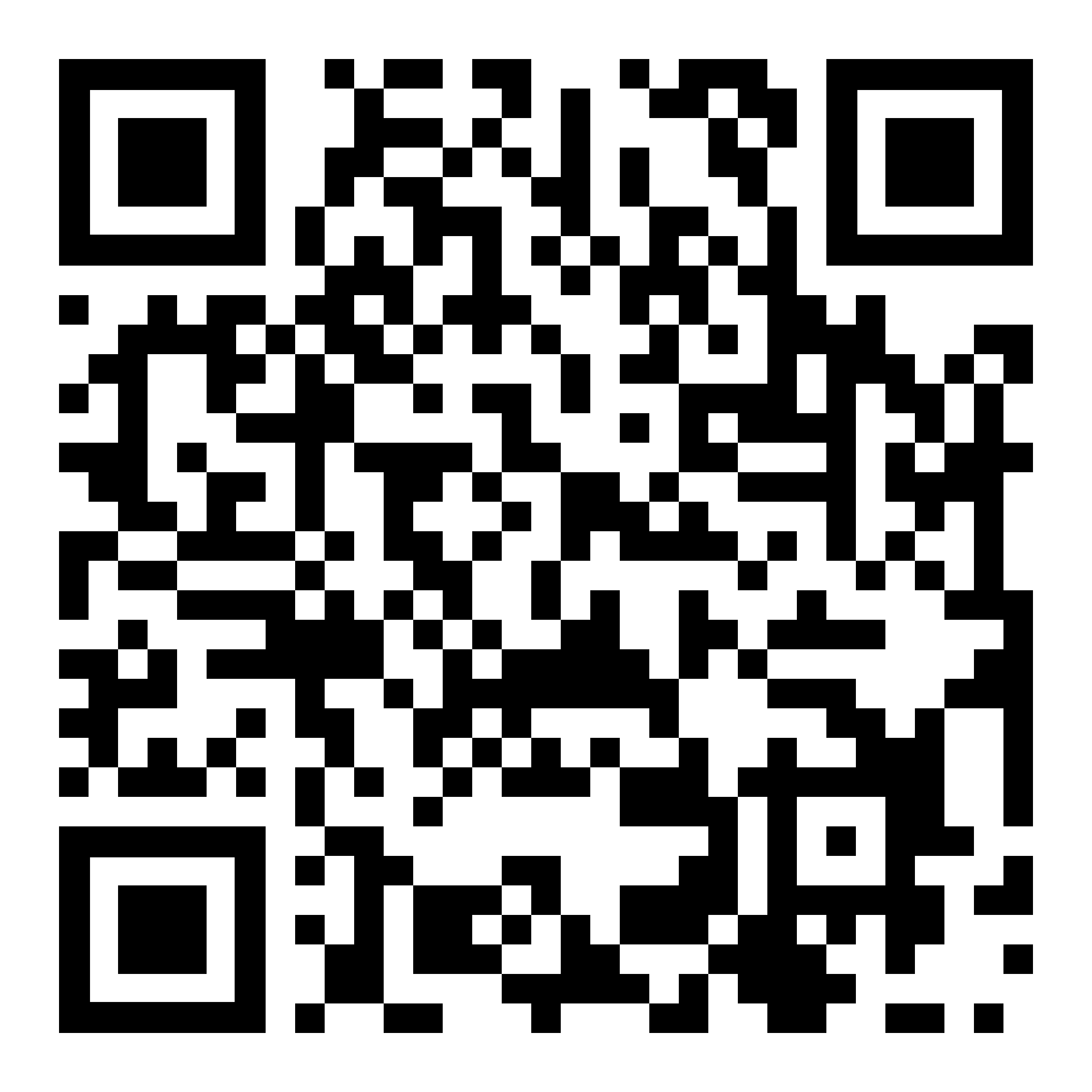 Zwart-witte QR-code op witte achtergrond, met drie grote vierkanten in de hoeken. Vaak gebruikt bij MR-Linac of bestraling.