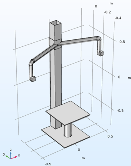 3D-model van een mechanische structuur, met centrale kolom, twee schuine armen met blokken en vierkant platform op cilindrische paal.