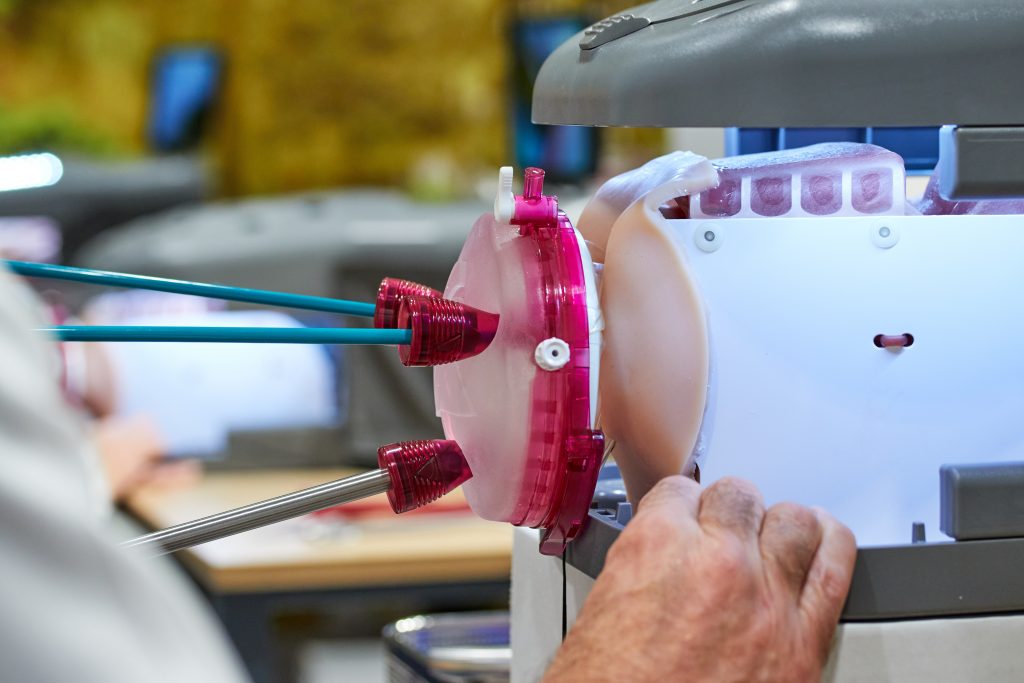 Gynaecoloog in het Catharina Ziekenhuis gebruikt een medisch simulatiemodel met roze-wit orgaan om nieuwe techniek te tonen.