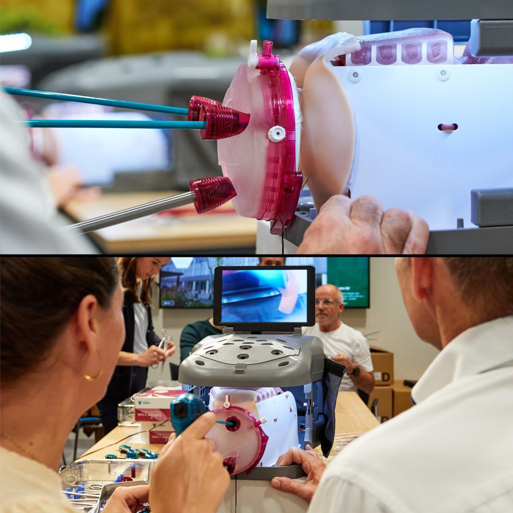 Twee foto's van mensen in het Catharina Ziekenhuis die met een medische simulator gynaecologische procedures oefenen.