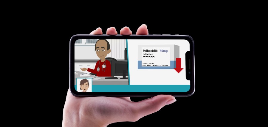 Hand met smartphone toont animatie: patiënt met borstkanker links, Palbociclib 75mg en rode pijl omlaag rechts.