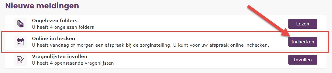 Screenshot van een Nederlandse notificatiebalk met berichten. Uitgelicht: Online inchecken, toelichting, knop 'Inchecken' rechts.
