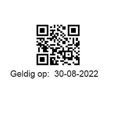 Zwart-witte QR-code boven de tekst 'Geldig op: 30-08-2022' op een witte achtergrond, bedoeld voor MijnCatharina online inchecken.