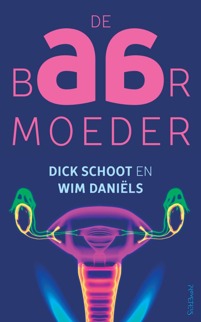 Omslag van De Baarmoeder met titel in roze letters boven een kleurrijke, gestileerde baarmoeder op een donkerblauwe achtergrond.