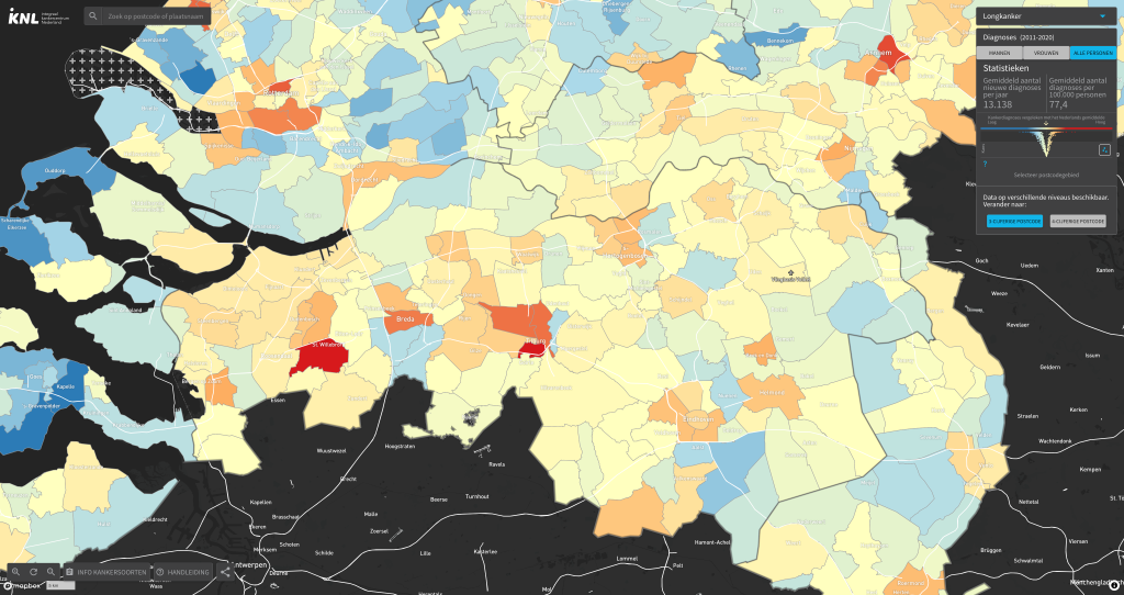 Kaart van Nederland met regio's in blauw, geel, oranje en rood volgens wijkwaarde; legenda en kankeratlas-data rechts.