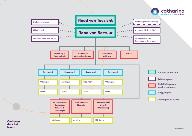 Organigram van het Catharina Ziekenhuis met lagen van Raad van Toezicht tot teams, duidelijk kleurgecodeerd en verbonden.