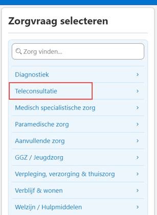 Screenshot van ZorgDomein met selectie van medische diensten, waaronder Teleconsultatie in rood, weergegeven als blauwe knoppen.