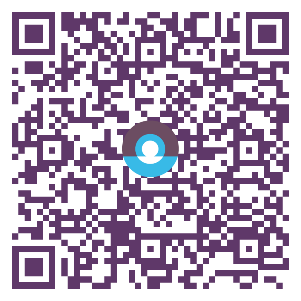 Paarse-witte QR-code met in het midden een icoon van een gestileerde persoon, bedoeld voor bewustwording van Pectus excavatum.