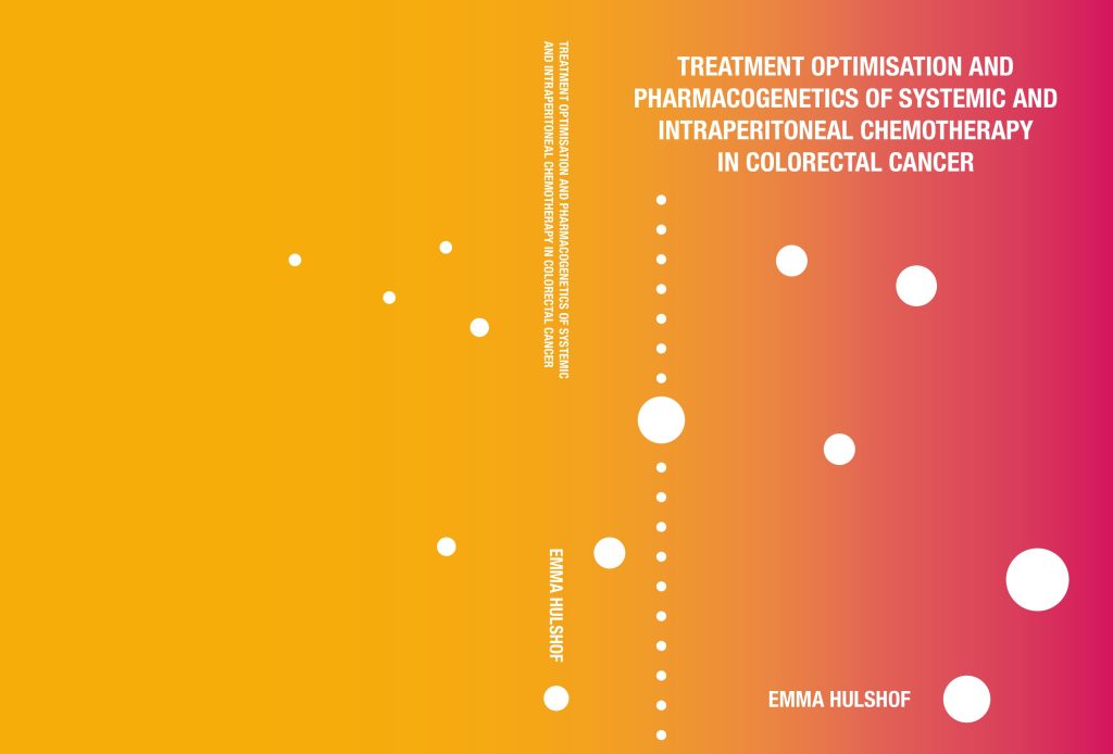 Boekomslag met geel-roze verloop, witte cirkels en titel over behandeling en bijwerkingen van chemotherapie bij darmkanker.