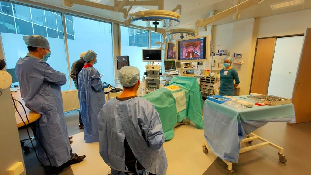 Poolse topspecialisten en andere medici volgen een procedure op een monitor in de OK van het Catharina Ziekenhuis tijdens training.
