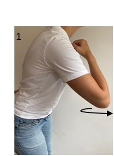Persoon in wit T-shirt en blauwe jeans staat zijwaarts, buigt voorover, arm gebogen. Pijl naar rechts, cijfer 1 linksboven.