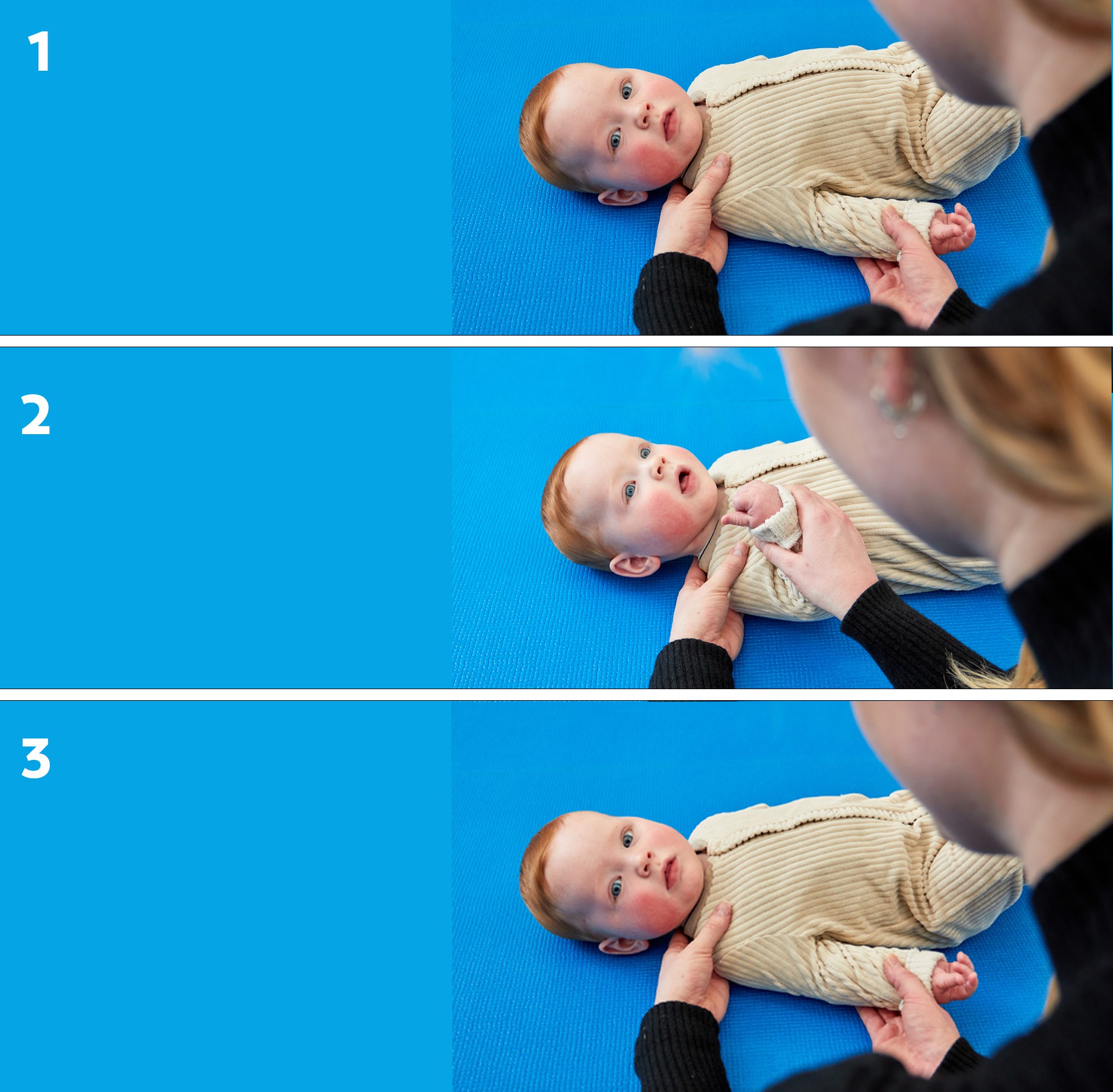 Persoon draait baby met OPBL voorzichtig op blauwe mat, in drie stappen getoond. Baby draagt beige kleding.