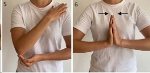 Twee afbeeldingen: persoon in wit shirt toont rekoefeningen na eerste schouderluxatie; linkerhand op schouder, rechterhanden tegen elkaar.