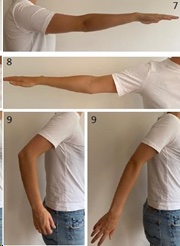 Persoon in wit shirt en jeans toont genummerde armposities na primaire schouderluxatie: voor, zijwaarts, gebogen, achter.