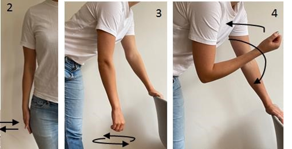 Drie afbeeldingen van een persoon in wit shirt en blauwe jeans tonen een armoefening na eerste schouderluxatie met pijlen.