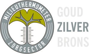 Ronde logo met boom en thermometer, tekst "Milieuthermometer Zorgsector"; rechts: Goud, Zilver (vetgedrukt), Brons.