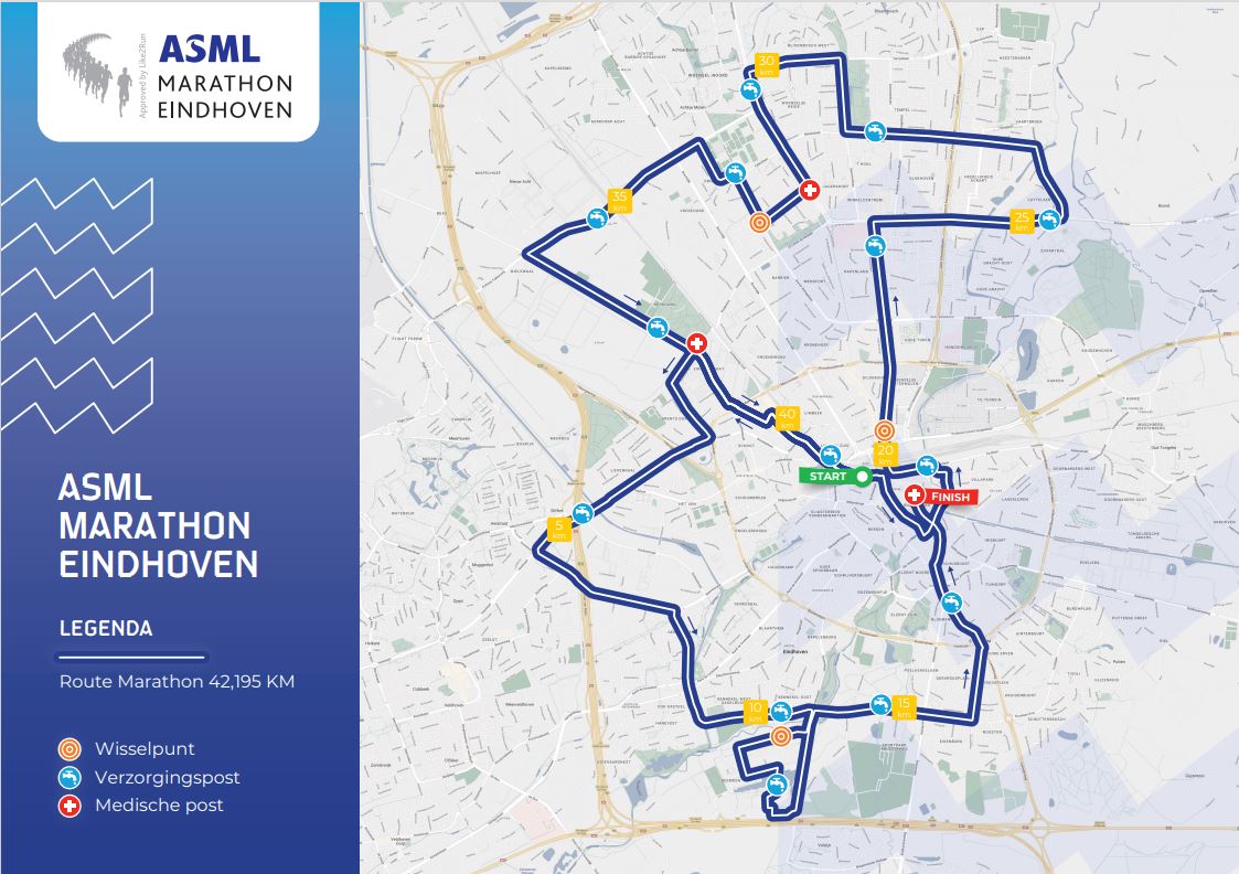 Routekaart ASML Marathon Eindhoven met route, start/finish en iconen voor wissel-, verzorgings- en medische posten.