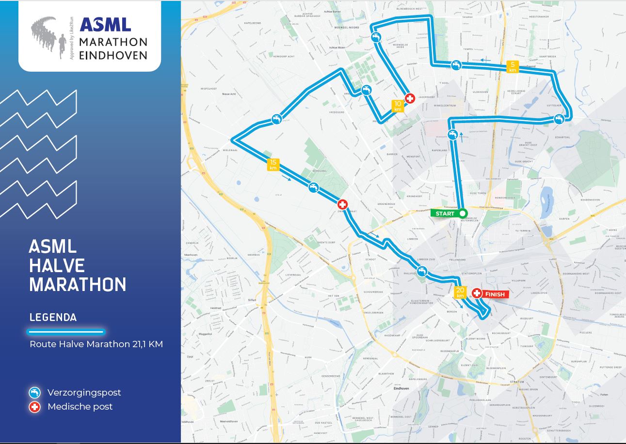 Kaart van de ASML Halve Marathon Eindhoven met blauwe route, start/finish en symbolen voor posten; houd rekening met reistijd.