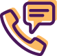 Paars omlijnde telefoonhoorn en spreekwolk met gele vulling, symbool voor communicatie via telefoon.