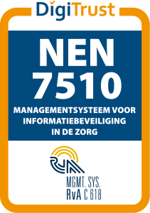 Certificaatbadge met DigiTrust NEN 7510, logo en onderaan de tekst MGMT. SYS. RvA C 618 voor informatiebeveiliging in de zorg.
