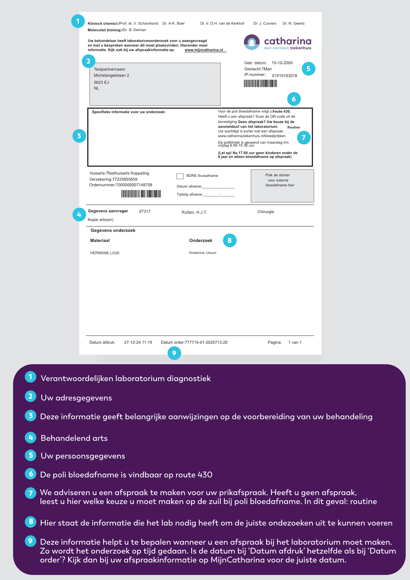 Laboratoriumformulier Catharina Ziekenhuis voor bloedprikken met patiëntgegevens, barcodes en genummerde instructies.