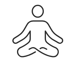 Zwart lijntekening van zittend persoon in meditatiepose op een wondzorgmap met lichtgrijze achtergrond.
