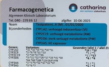 Farmacogenetisch rapport met patiëntgegevens, testdatum, CYP-gen resultaten, tabel en Catharina Ziekenhuis logo.