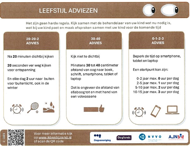 Infographic "Leefstijl Adviezen" met schermtijd- en leefstijltips voor 3 leeftijden en partnerlogo's onderaan.