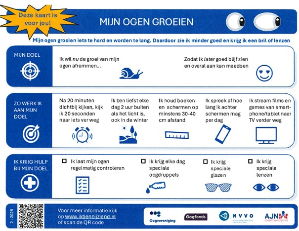 Infographic Mijn Ogen Groeien over ooggroei en myopie bij kinderen, met tips, iconen, checklist en QR-code.