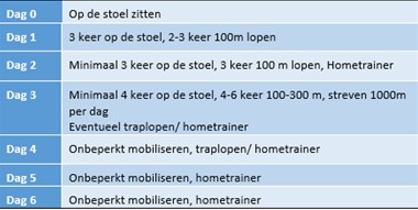Tabel 'Op de stoel zitten' met 7-daags mobiliteitsschema na maagresectie, activiteiten per dag vermeld.
