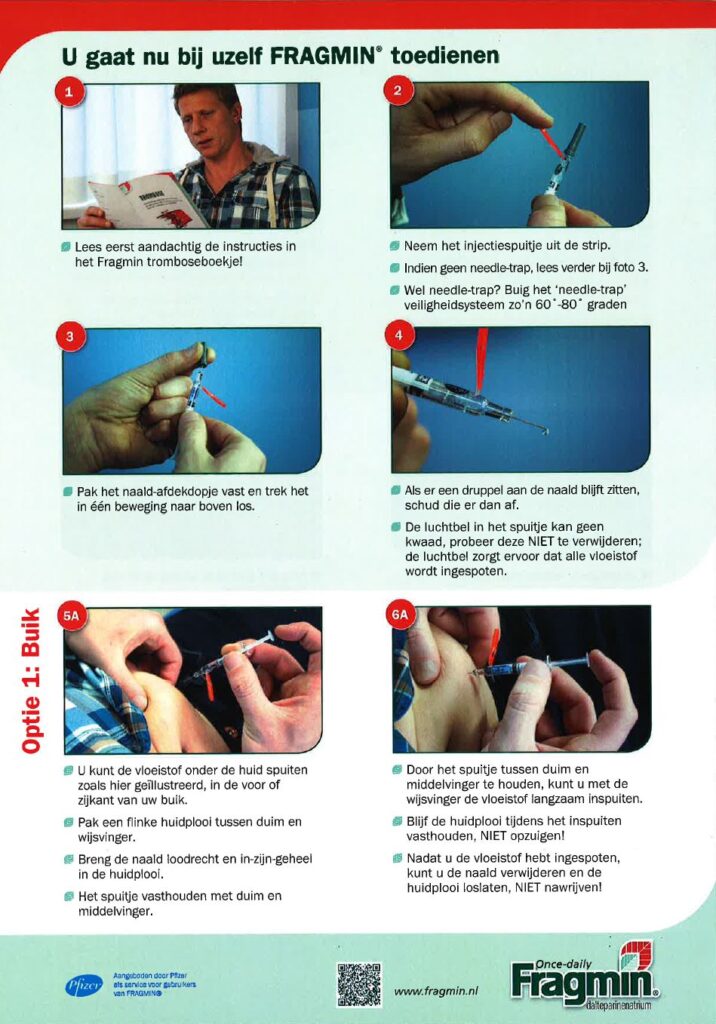 Nederlandse poster met stappenfoto's en uitleg voor zelfinjectie van Fragmin, inclusief waarschuwingen.