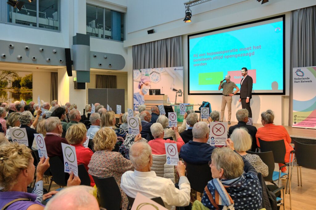 Grote groep in moderne zaal luistert naar twee sprekers bij scherm met Nederlandse tekst; publiek houdt ja/nee-kaarten omhoog.